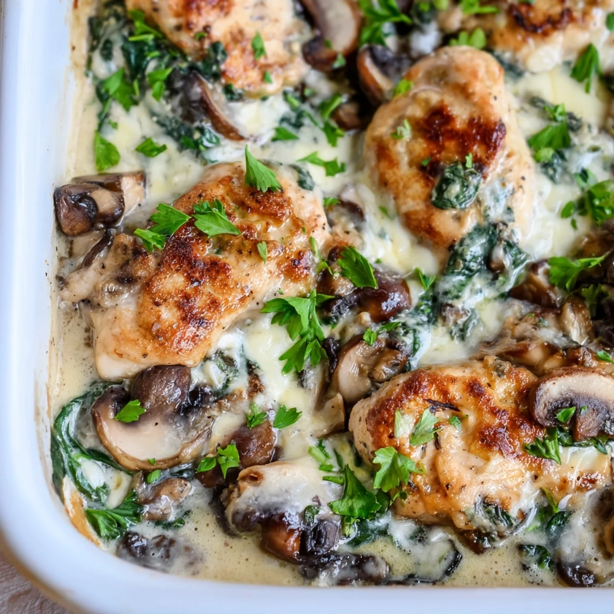 Golden brown low carb chicken spinach mushroom bake bubbling with melted mozzarella cheese in a baking dish