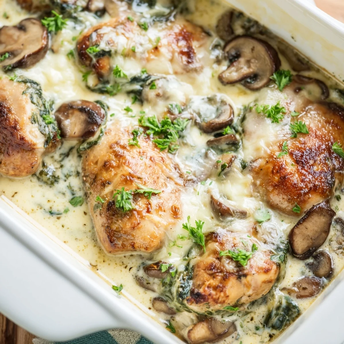 Creamy low carb chicken spinach mushroom bake topped with golden cheese and fresh parsley garnish
