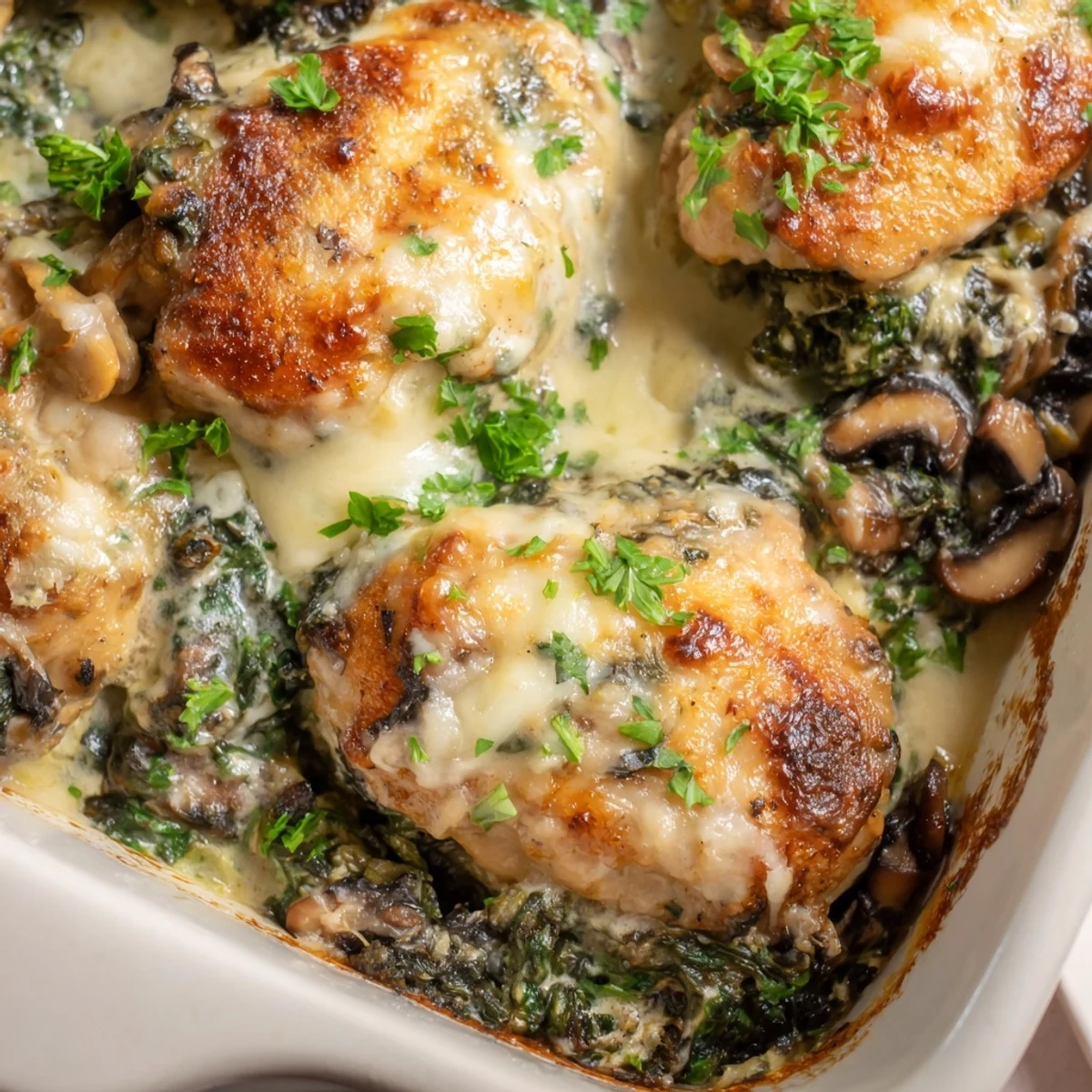 Sliced low carb chicken spinach mushroom bake revealing tender meat in savory creamy vegetable sauce