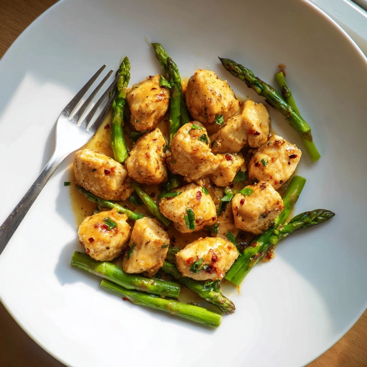 Golden pan-seared chicken bites in garlic butter sauce with bright green asparagus spears on a white plate