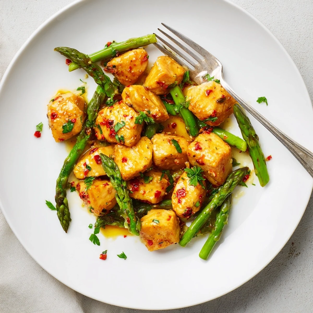 Tender garlic butter chicken bites paired with crisp asparagus, garnished with fresh parsley and lemon wedges