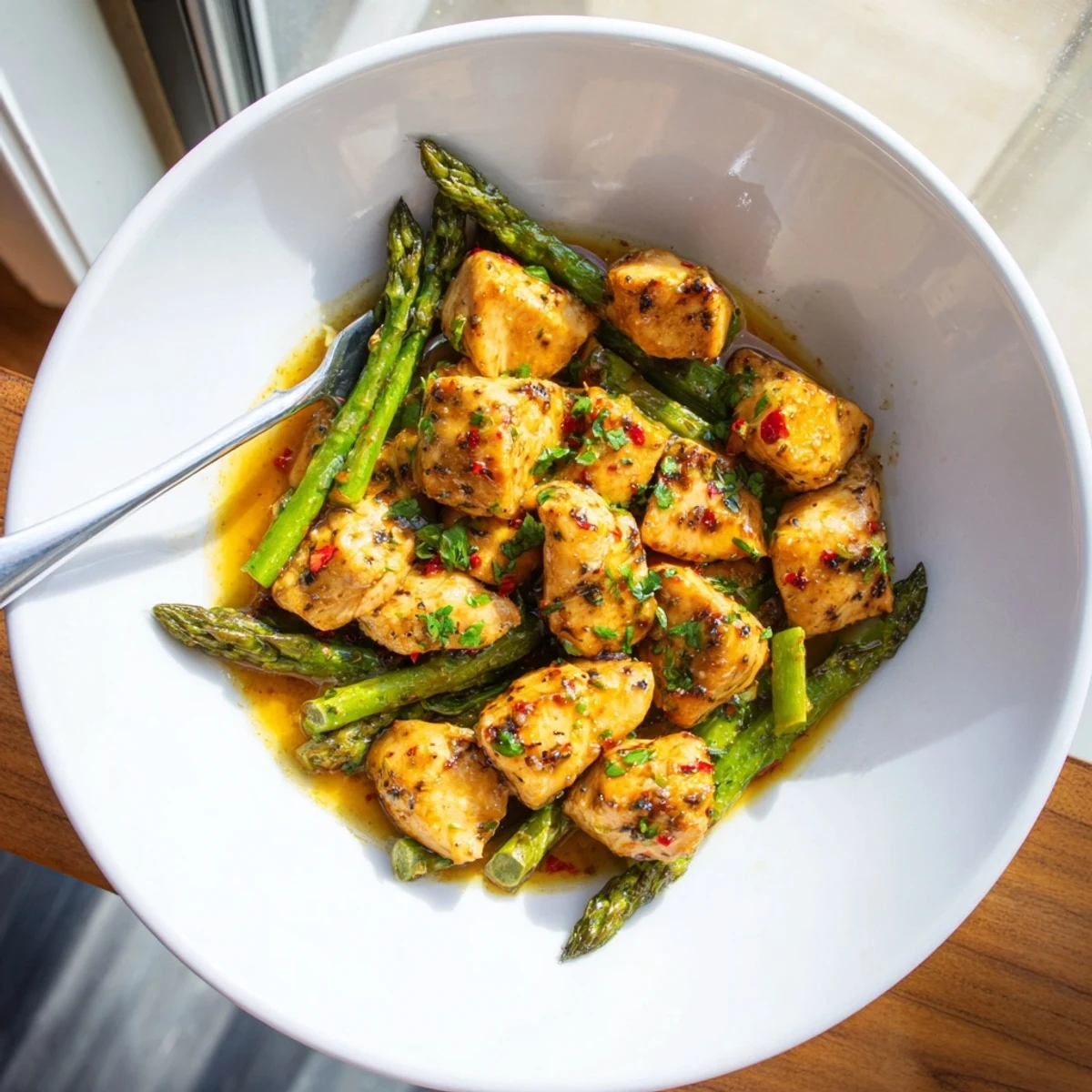 Savory chicken pieces and asparagus tossed in rich garlic butter sauce, served steaming hot for dinner