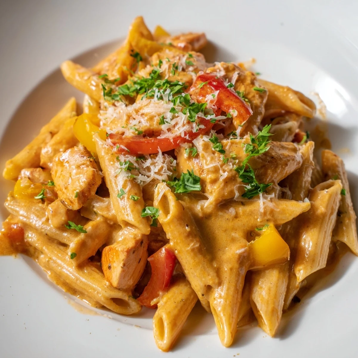 Creamy Cajun chicken penne pasta tossed in rich garlic Parmesan sauce with sliced bell peppers
