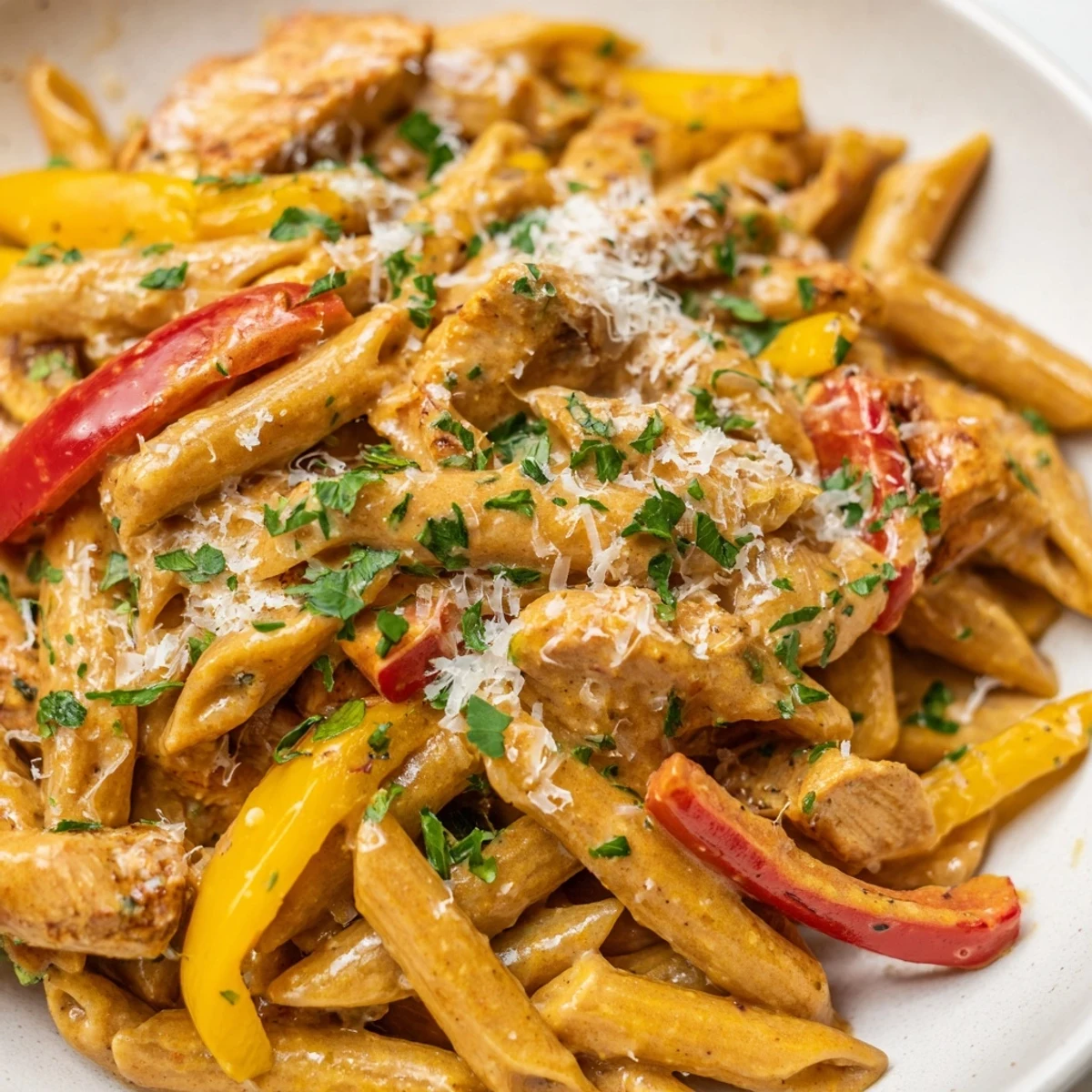 Steaming bowl of Cajun chicken penne pasta garnished with fresh parsley and grated Parmesan cheese