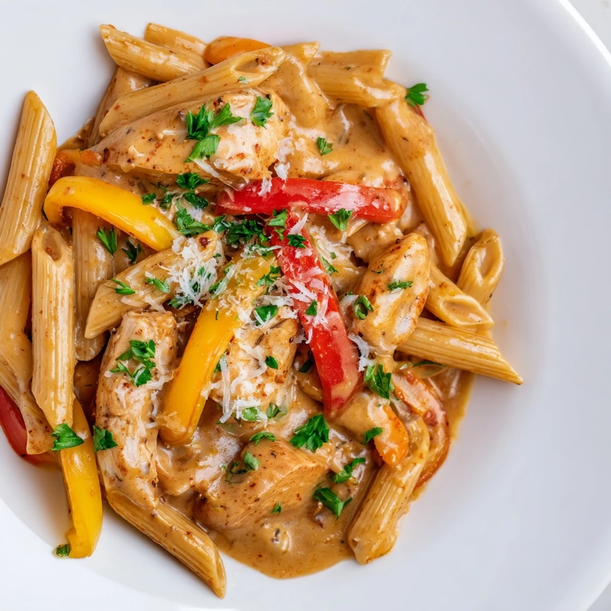 Golden spiced chicken breast strips served over penne pasta in a spicy cream sauce