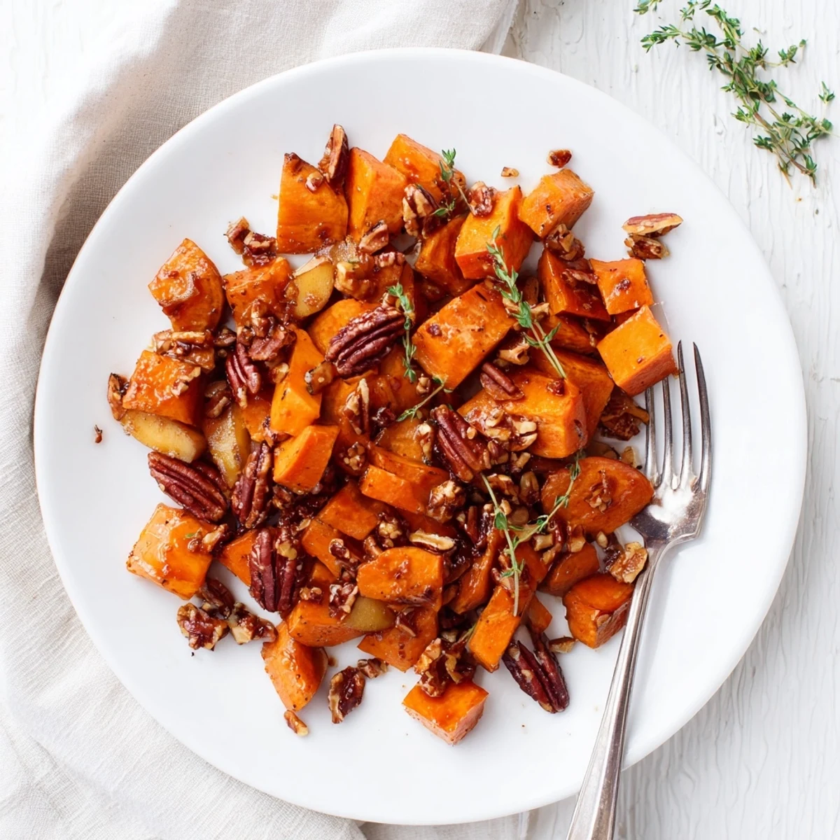 Golden roasted sweet potatoes and apples coated in shiny cinnamon maple glaze