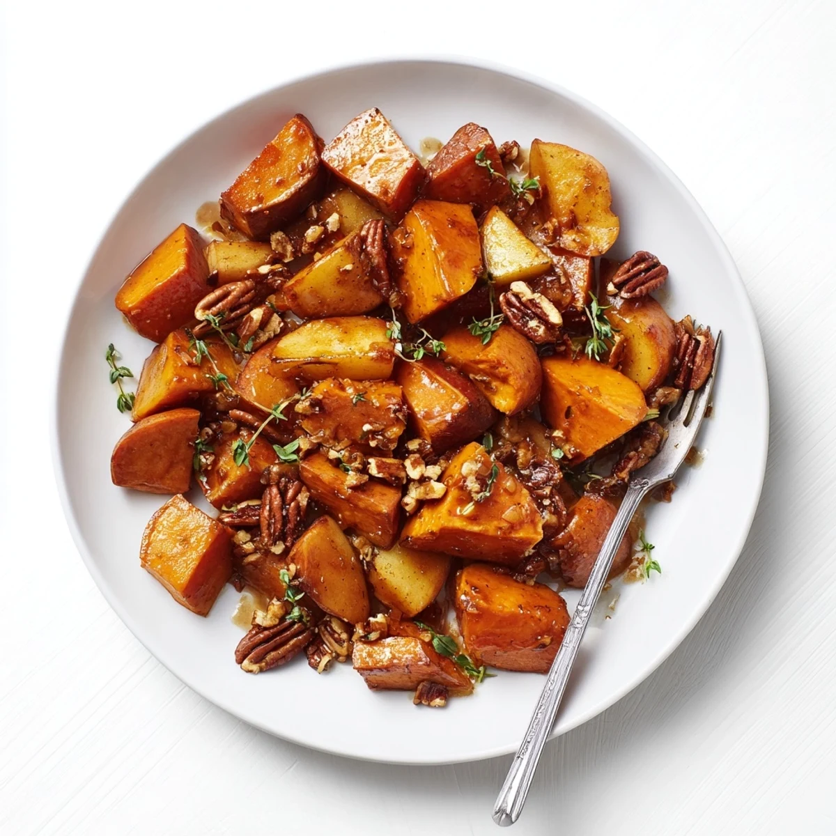 Warm side dish of tender sweet potatoes and apples with caramelized maple cinnamon coating