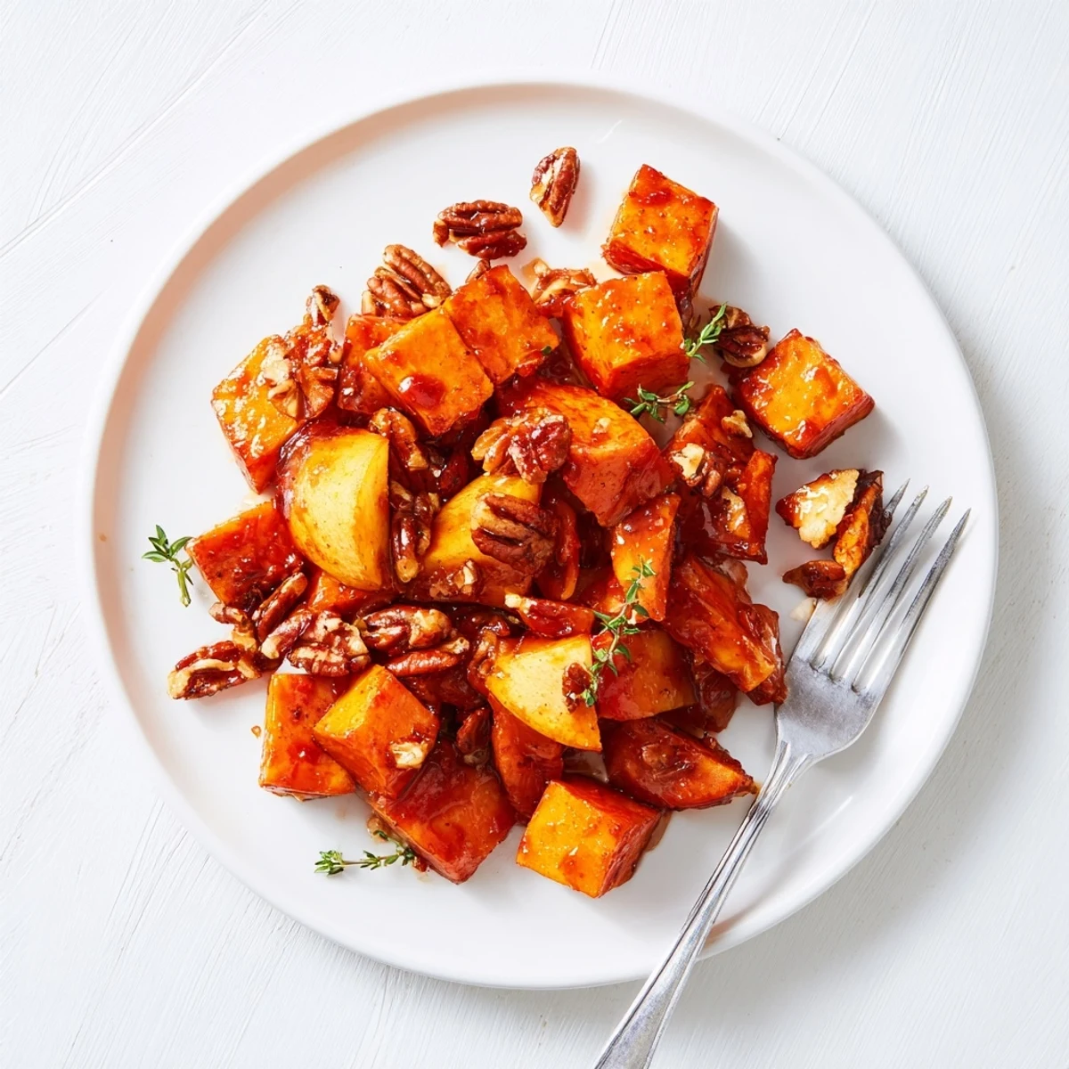 Rustic baked sweet potatoes and apples drizzled with sweet cinnamon maple glaze