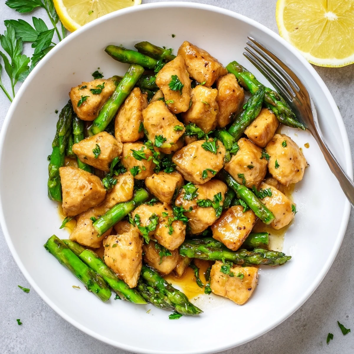 Golden pan-seared chicken bites with crisp asparagus pieces in glossy garlic butter sauce
