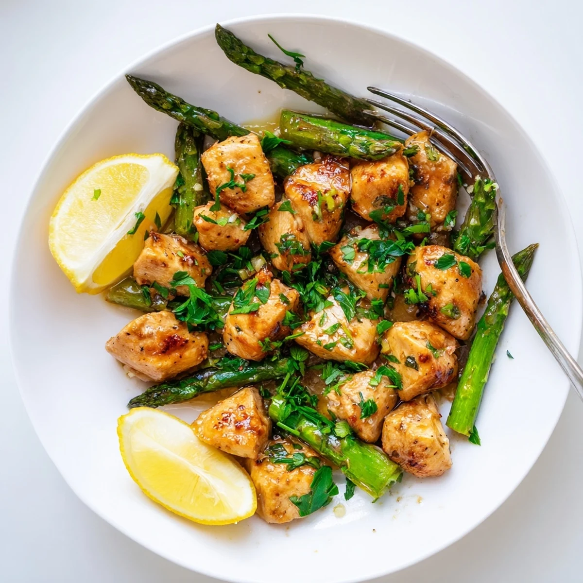 Tender garlic butter chicken bites served over fresh asparagus with parsley garnish and lemon