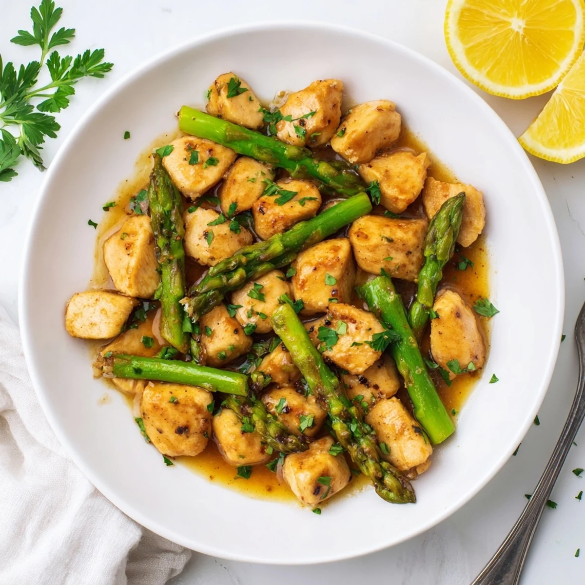 Sizzling skillet of chicken bites and asparagus coated in rich melted garlic butter sauce