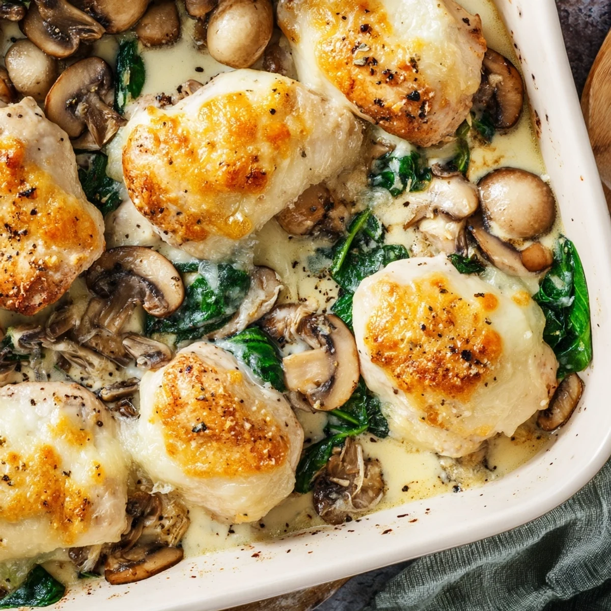 Golden brown chicken breasts baked with melted mozzarella, spinach, and mushrooms in a creamy low-carb chicken spinach mushroom bake