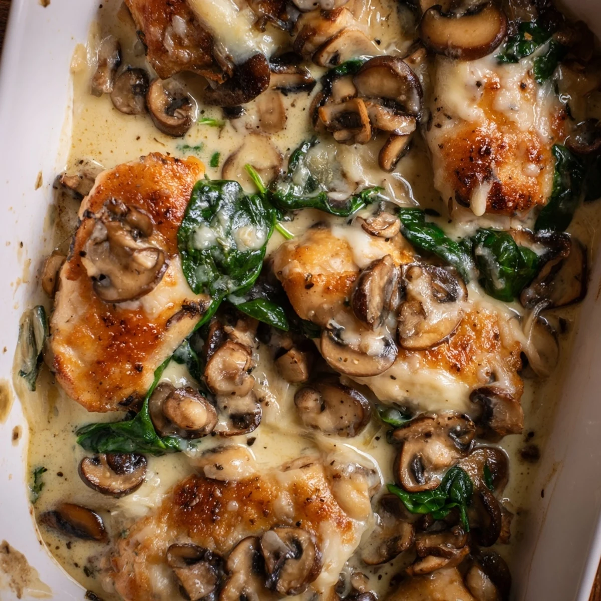 Savory casserole featuring tender chicken topped with bubbly cheese and earthy vegetables in this low-carb chicken spinach mushroom bake