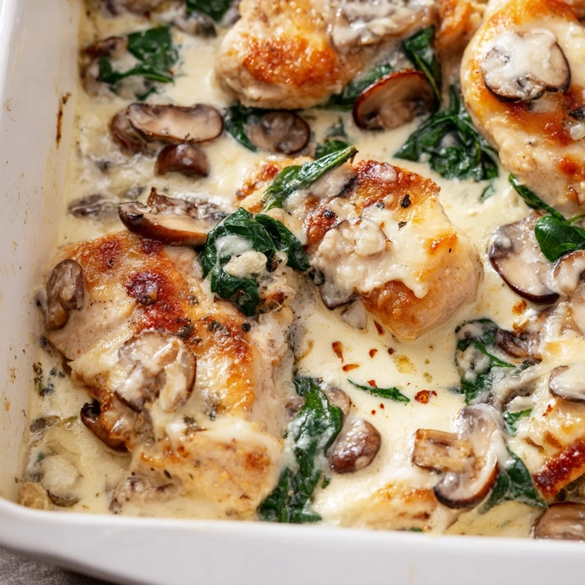 Weeknight dinner of juicy chicken nestled in a rich cream sauce with wilted spinach and sliced mushrooms in this low-carb chicken spinach mushroom bake