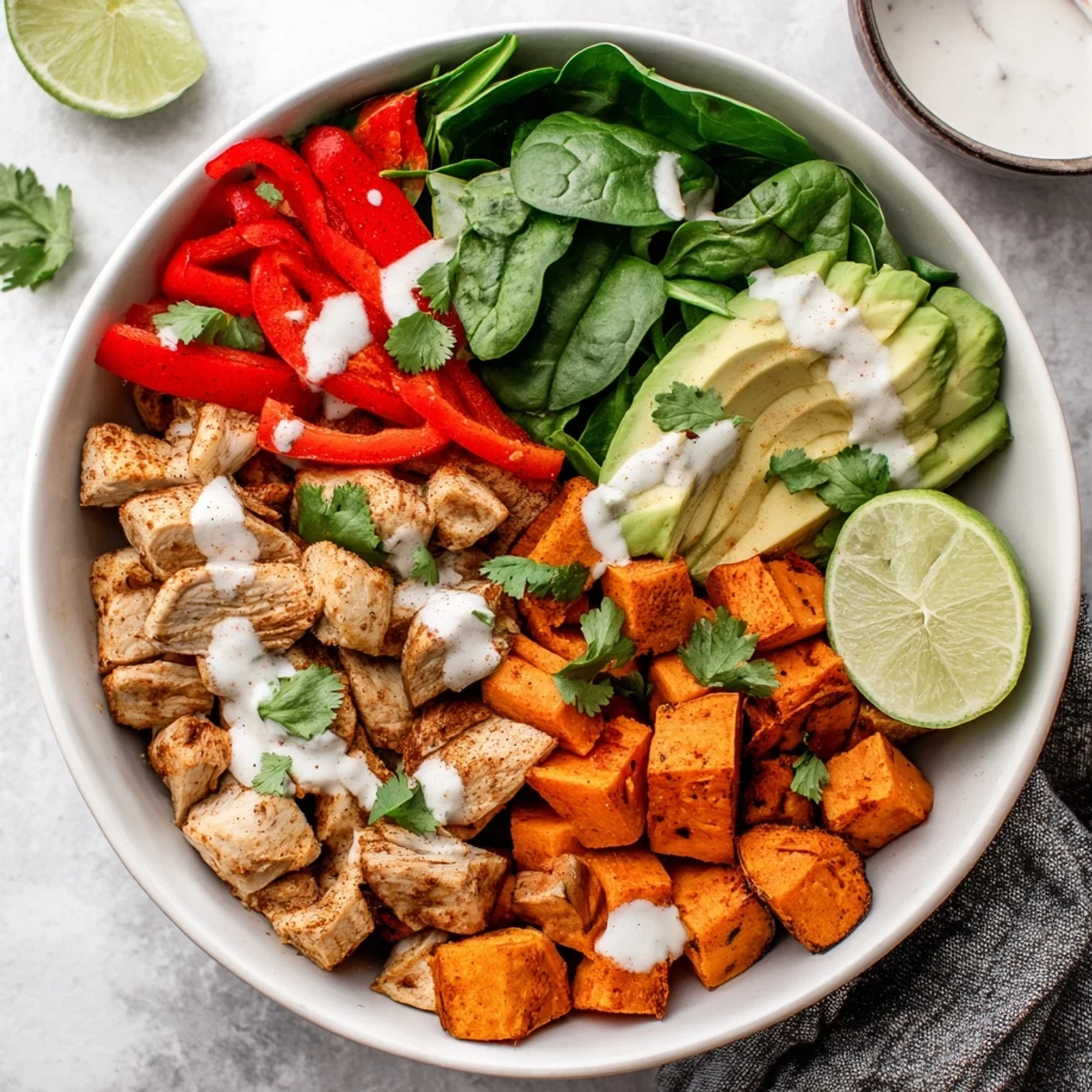 Golden roasted chicken breast with cubed sweet potatoes, fresh spinach, and creamy avocado slices in a meal prep bowl