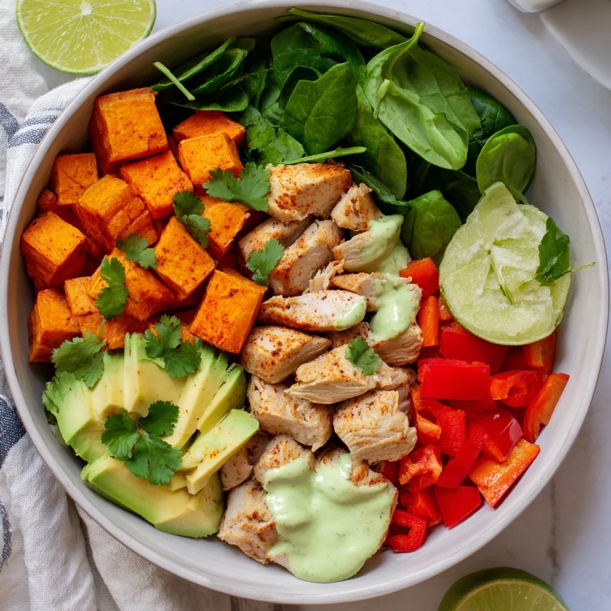 Colorful chicken sweet potato bowl featuring vibrant red bell peppers, cherry tomatoes, and crisp baby spinach