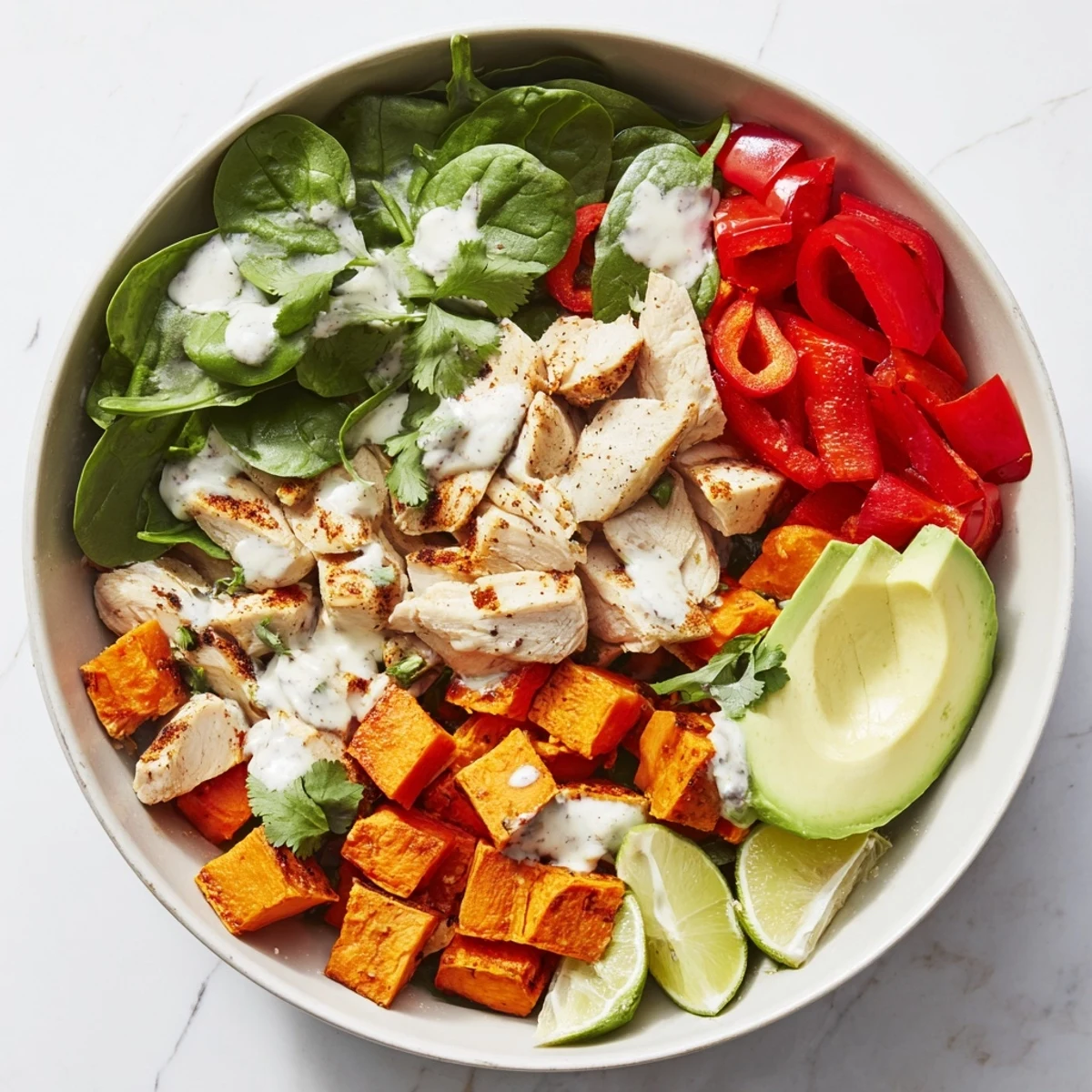 Healthy chicken sweet potato bowl drizzled with yogurt sauce and garnished with fresh cilantro and lime wedges