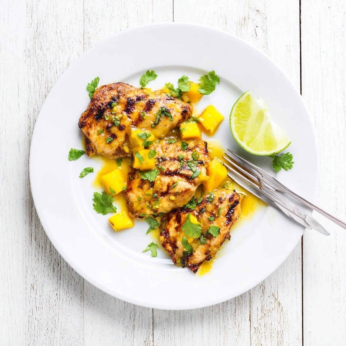 Golden grilled mango chicken breasts glazed with sweet tropical marinade and fresh cilantro garnish on a white plate