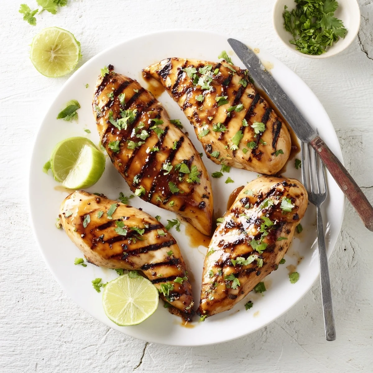 Tender grilled mango chicken sliced to reveal moist interior served with vibrant cilantro and lime for easy weeknight dinners