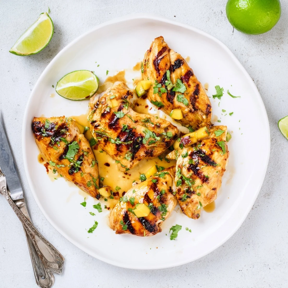 Juicy chicken grilled to perfection with caramelized mango sauce char marks and lime wedge garnish for summer dining