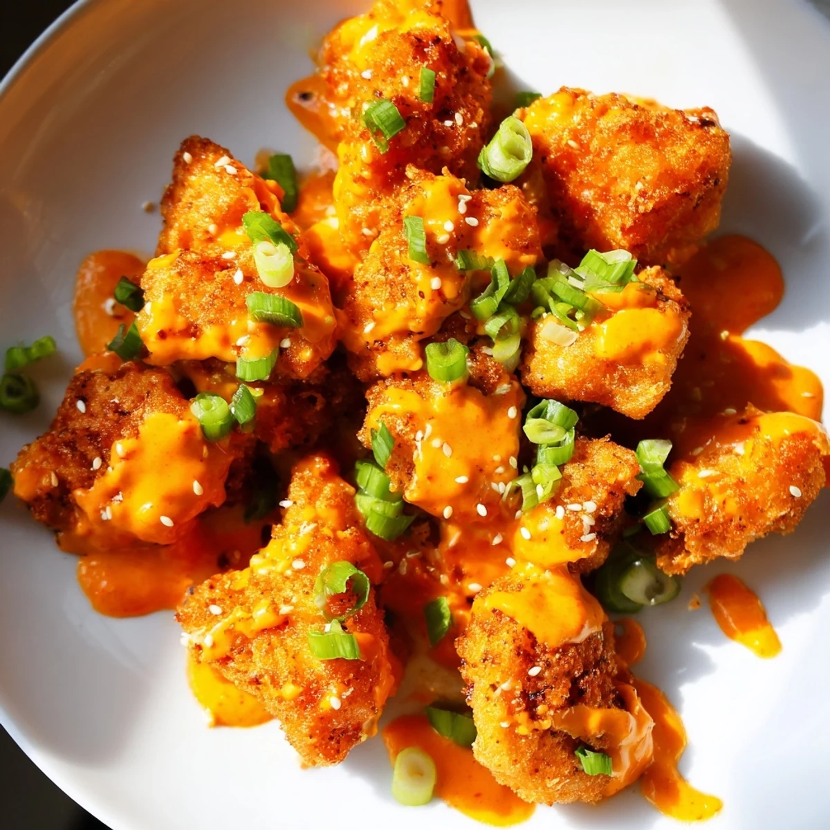 Golden crispy Spicy Bang Bang Chicken drizzled with creamy spicy sauce and garnished with fresh scallions and sesame seeds
