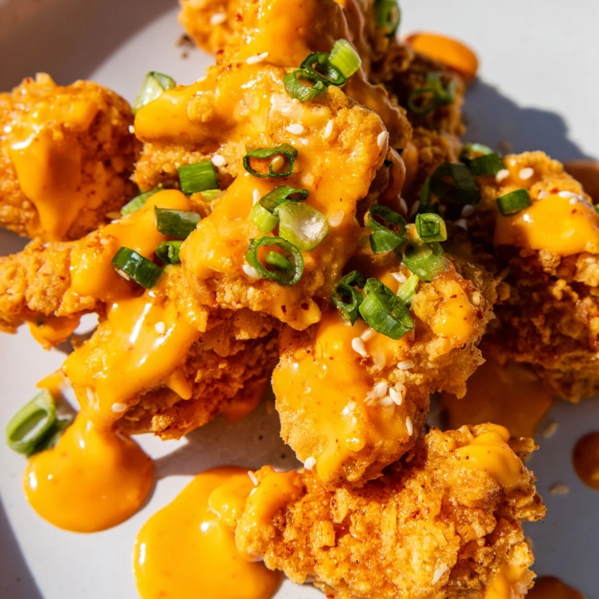 Tender fried chicken pieces coated in rich Bang Bang sauce served on a white platter with vibrant green onions