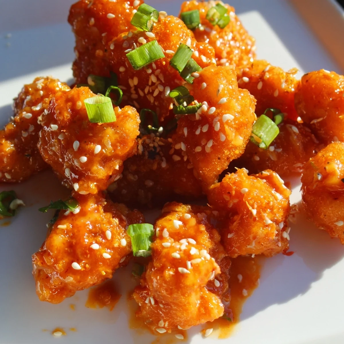 Plate of Spicy Bang Bang Chicken featuring crunchy battered bites tossed in sweet and spicy creamy red sauce