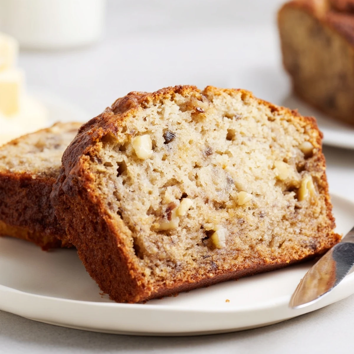 Golden loaf of moist banana bread with sour cream sliced on a wooden board