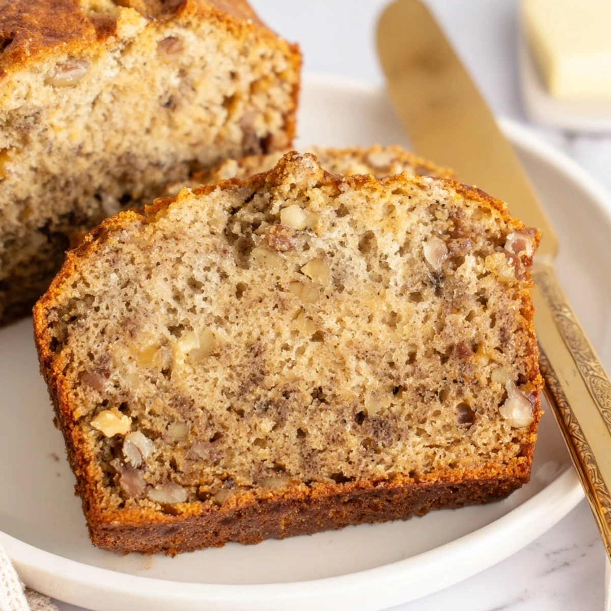 Slice of sour cream banana bread showing its moist crumb and golden crust