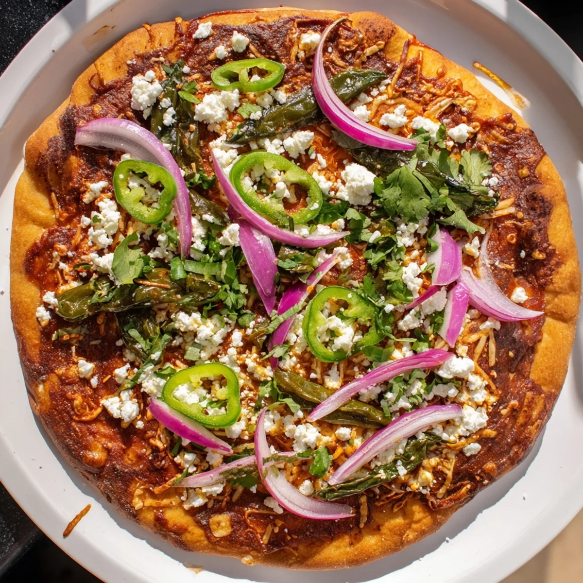 Golden crust poblano pizza topped with roasted peppers and melted mozzarella cheese