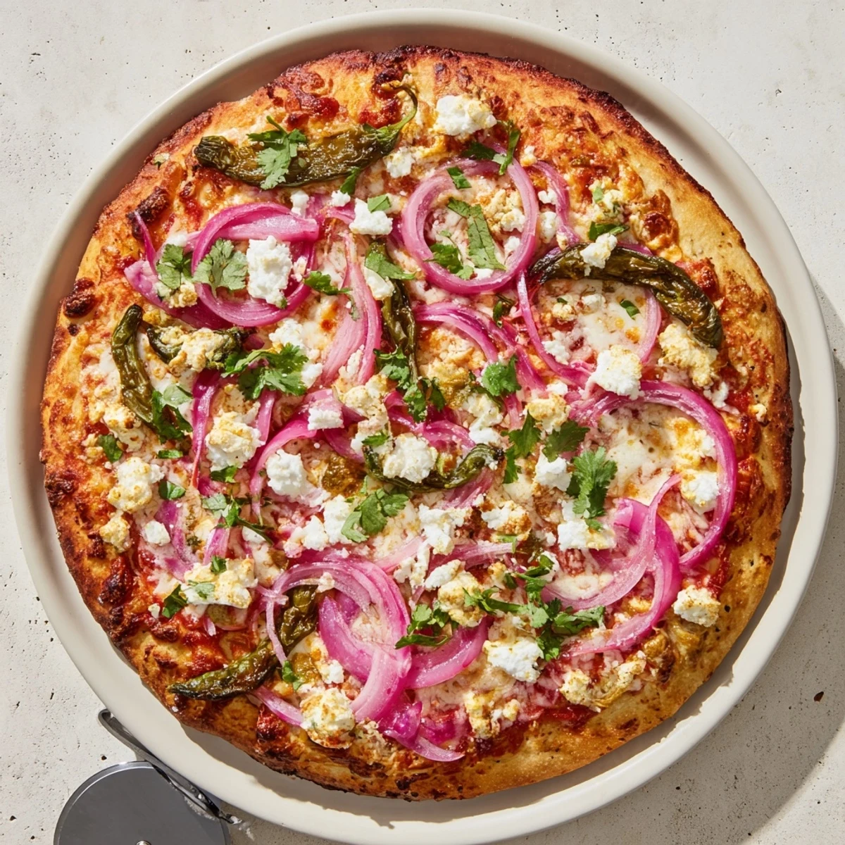 Sizzling poblano pizza with bubbling queso fresco and spicy roasted pepper strips