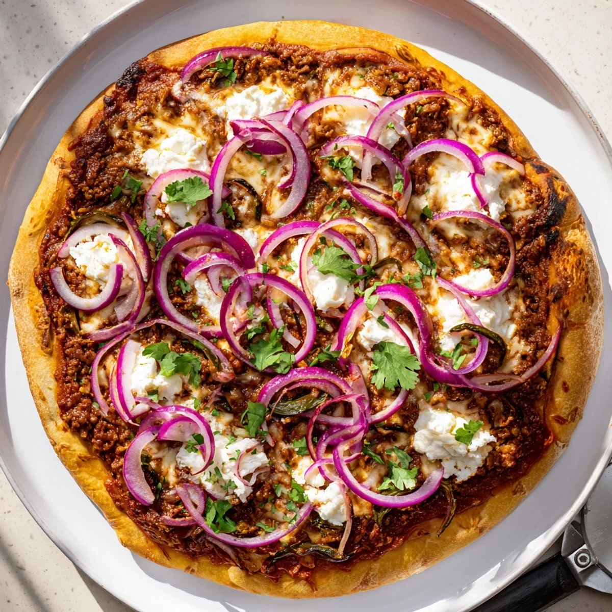 Homemade poblano pizza featuring charred peppers, red onion, and fresh cilantro garnish