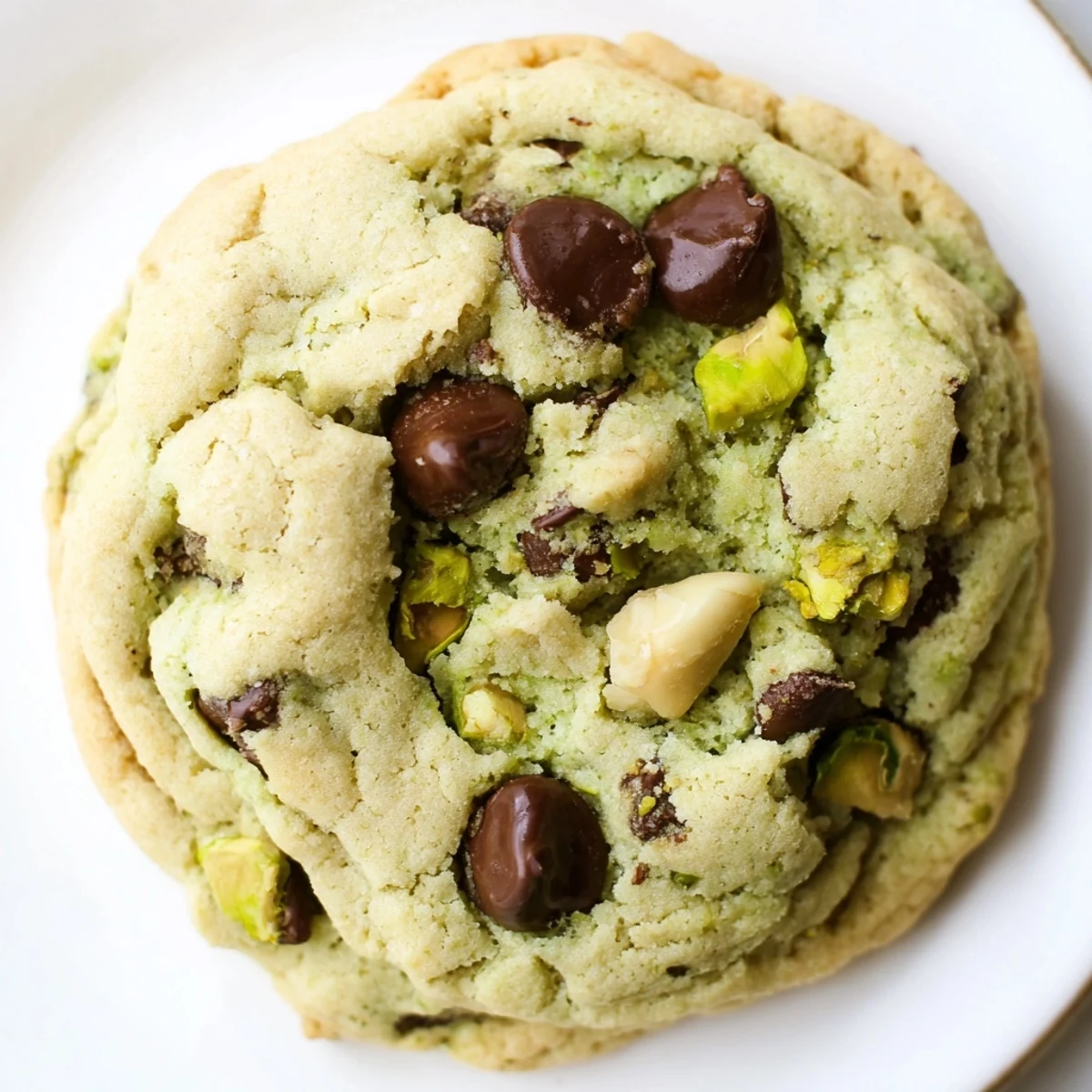 Soft pistachio cream chocolate chip cookies with melted chocolate and green nutty swirls