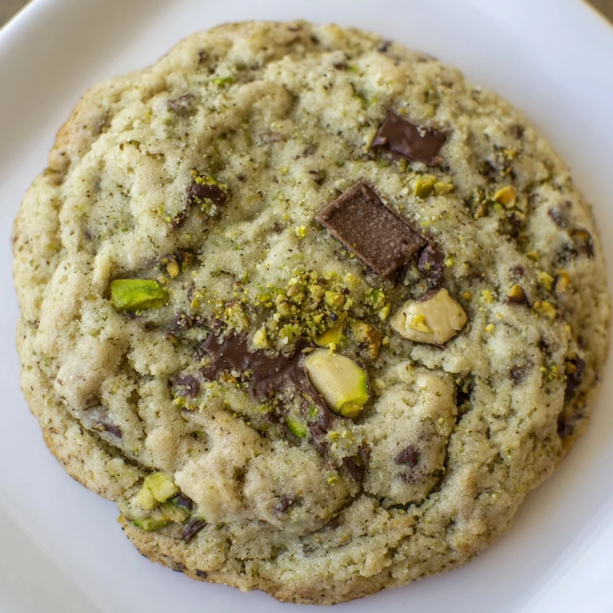 Golden brown pistachio cream chocolate chip cookies fresh from the oven on cooling rack