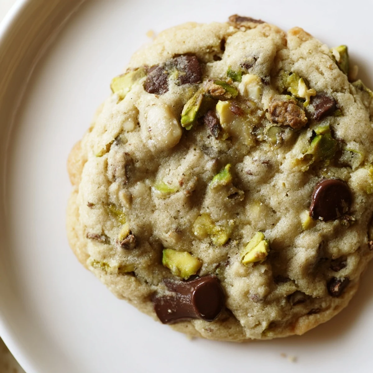 Chewy pistachio cream chocolate chip cookies stacked on a white plate with chopped pistachios