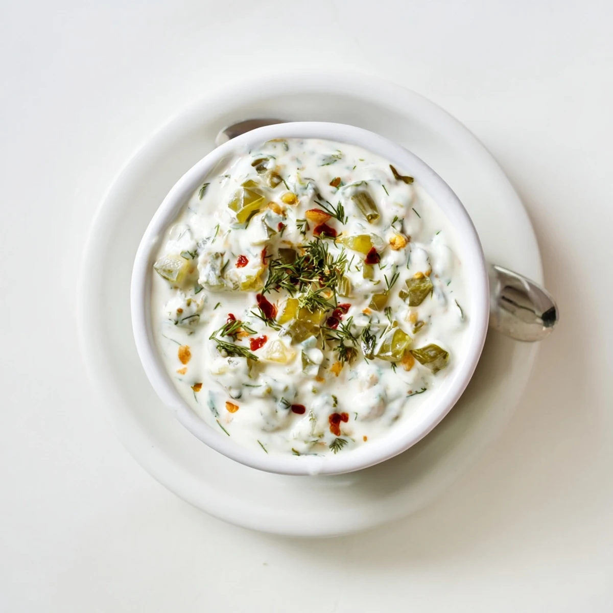 Creamy spicy dill pickle burger sauce speckled with fresh herbs and chopped pickles in a white bowl