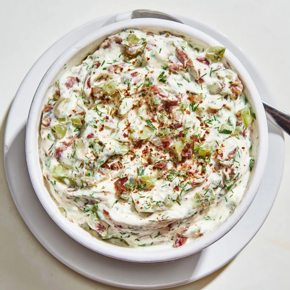 Vibrant spicy dill pickle burger sauce dolloped on a plate beside a juicy grilled beef burger