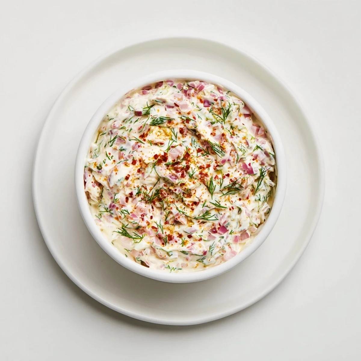 Thick and zesty spicy dill pickle burger sauce topped with fresh dill fronds in a glass ramekin