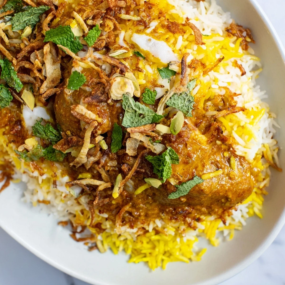 Aromatic butter chicken biryani topped with fried onions and fresh herbs