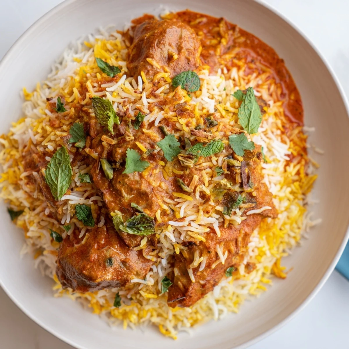 Golden butter chicken biryani layered with fragrant basmati rice and saffron