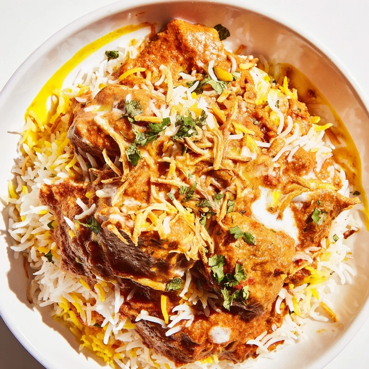 Steaming pot of butter chicken biryani garnished with cilantro and mint