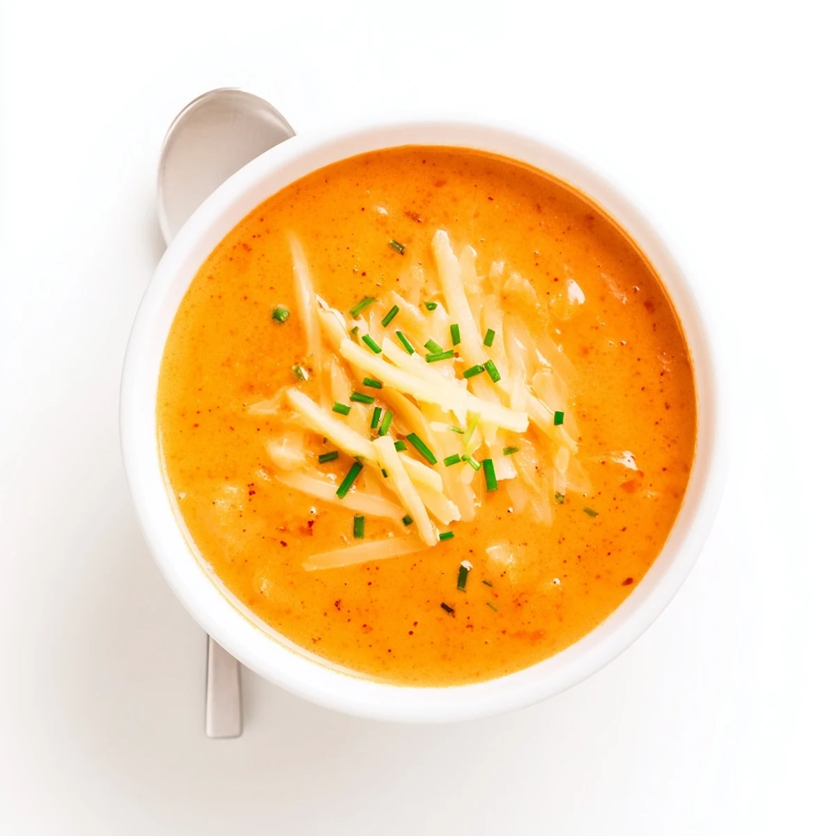 Creamy roasted red pepper Gouda soup garnished with fresh chives and shredded cheese in a white bowl