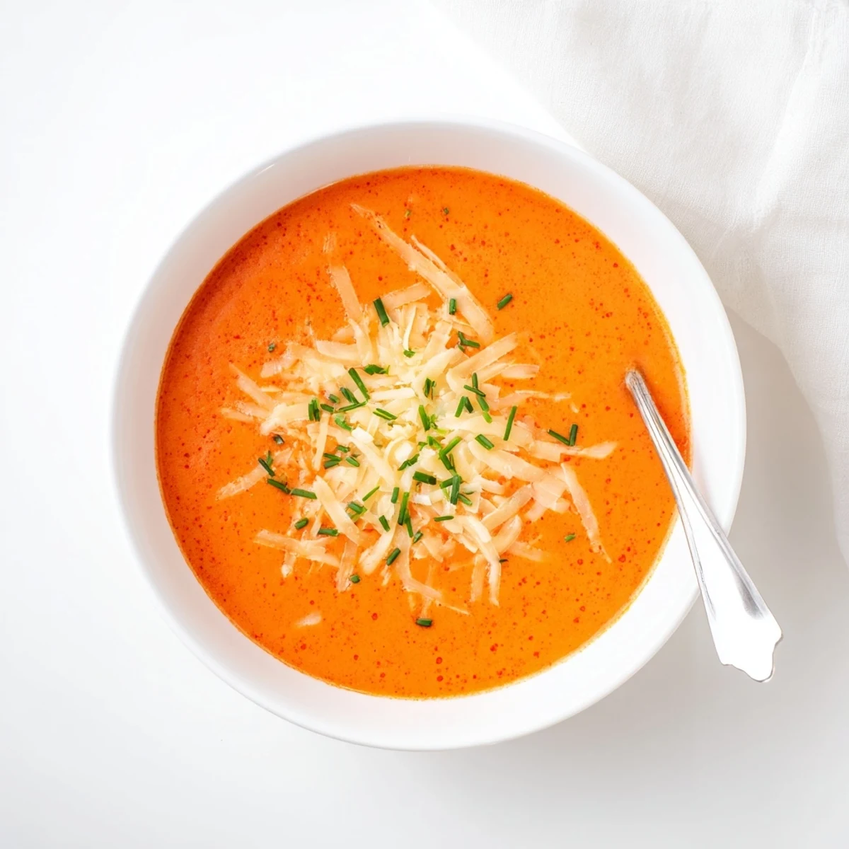 Vibrant orange roasted red pepper and Gouda soup being ladled into a serving bowl with bread on the side