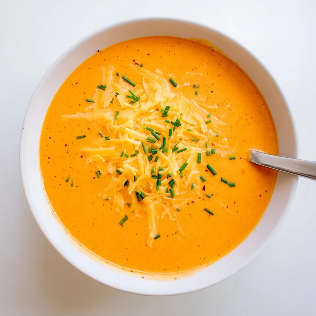 Smooth roasted red pepper Gouda soup sprinkled with parsley and extra smoked Gouda on a rustic wooden table