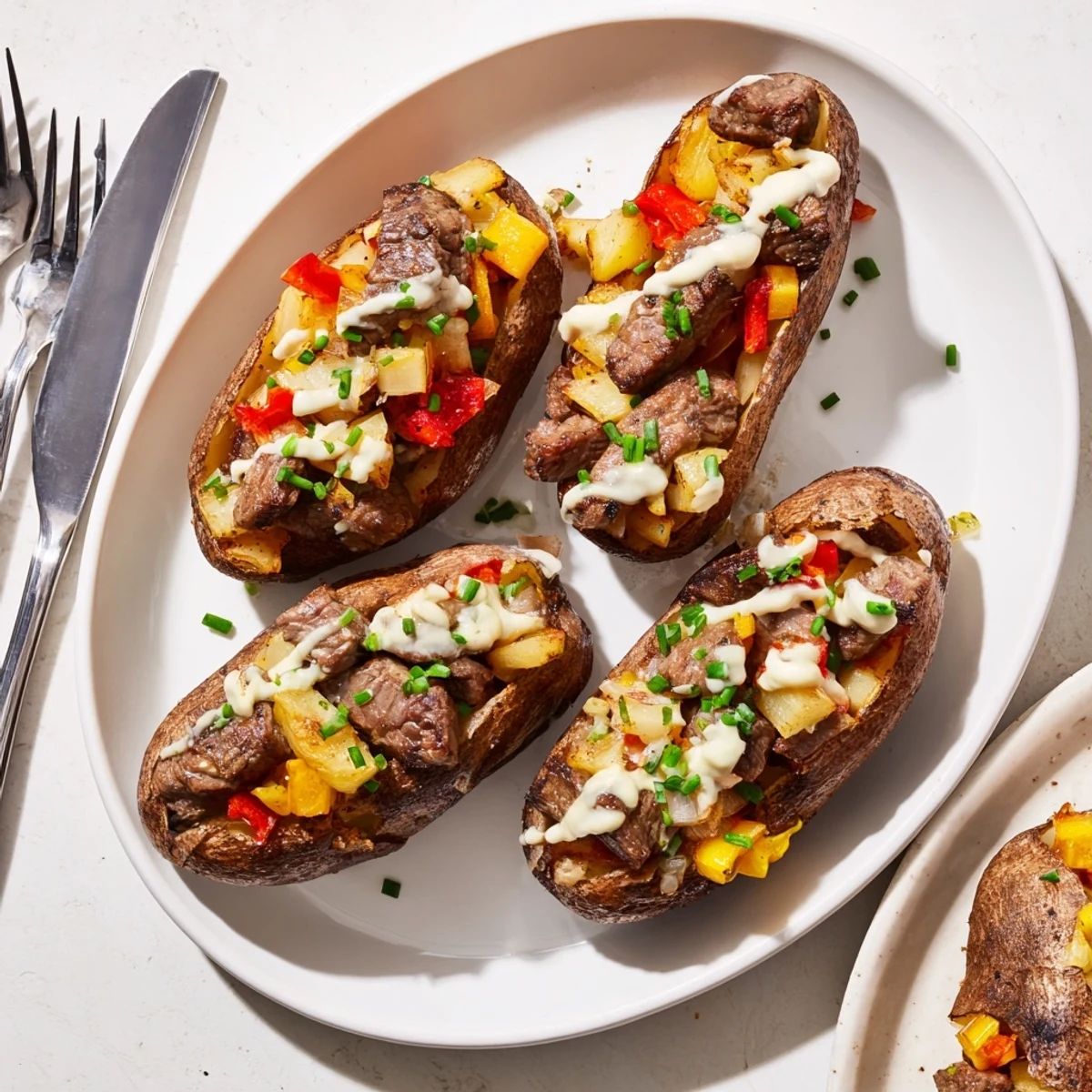 Steak stuffed baked potatoes topped with rich Parmesan cream sauce and fresh chives