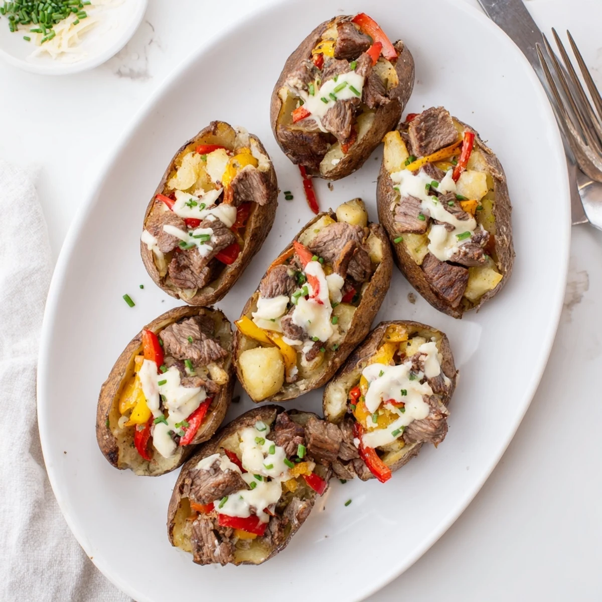 Crispy baked potato filled with juicy steak cubes and drizzled with creamy Parmesan