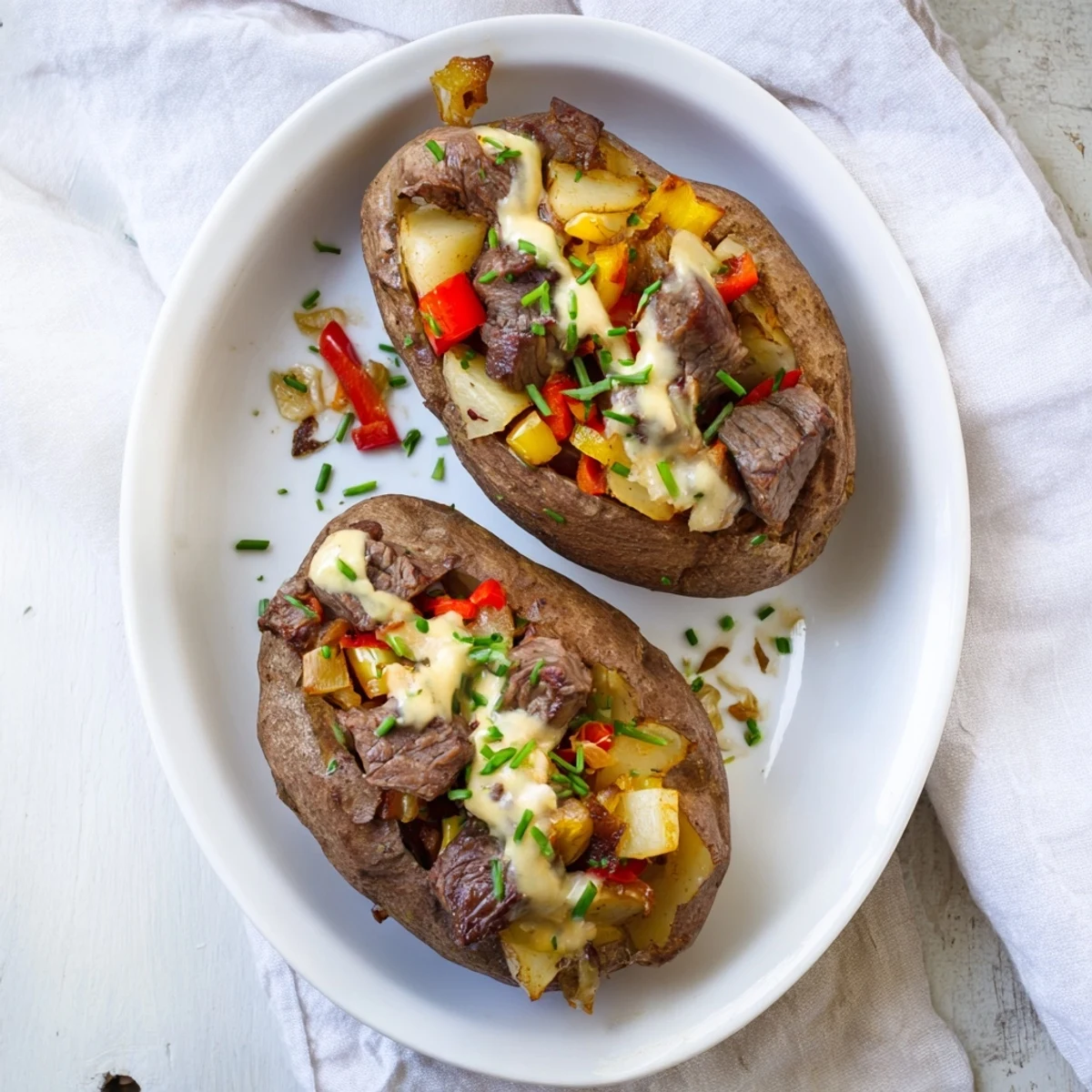 Golden stuffed baked potato with tender steak and velvety white Parmesan cream sauce