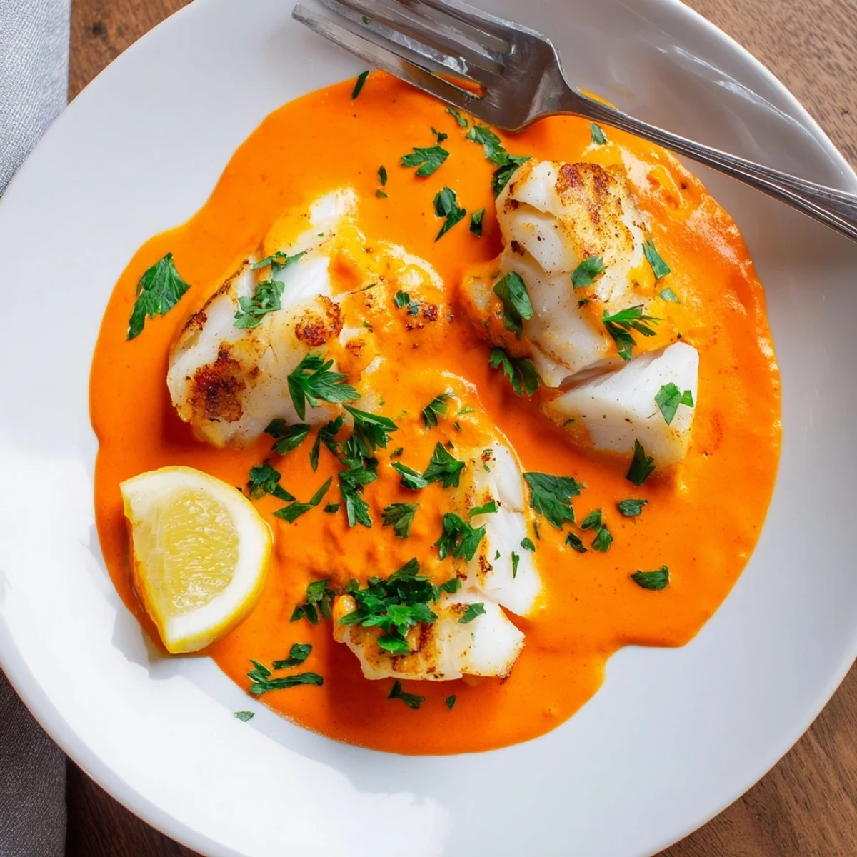 Golden seared cod simmered in a smooth Mediterranean-style roasted red pepper sauce for a quick healthy dinner