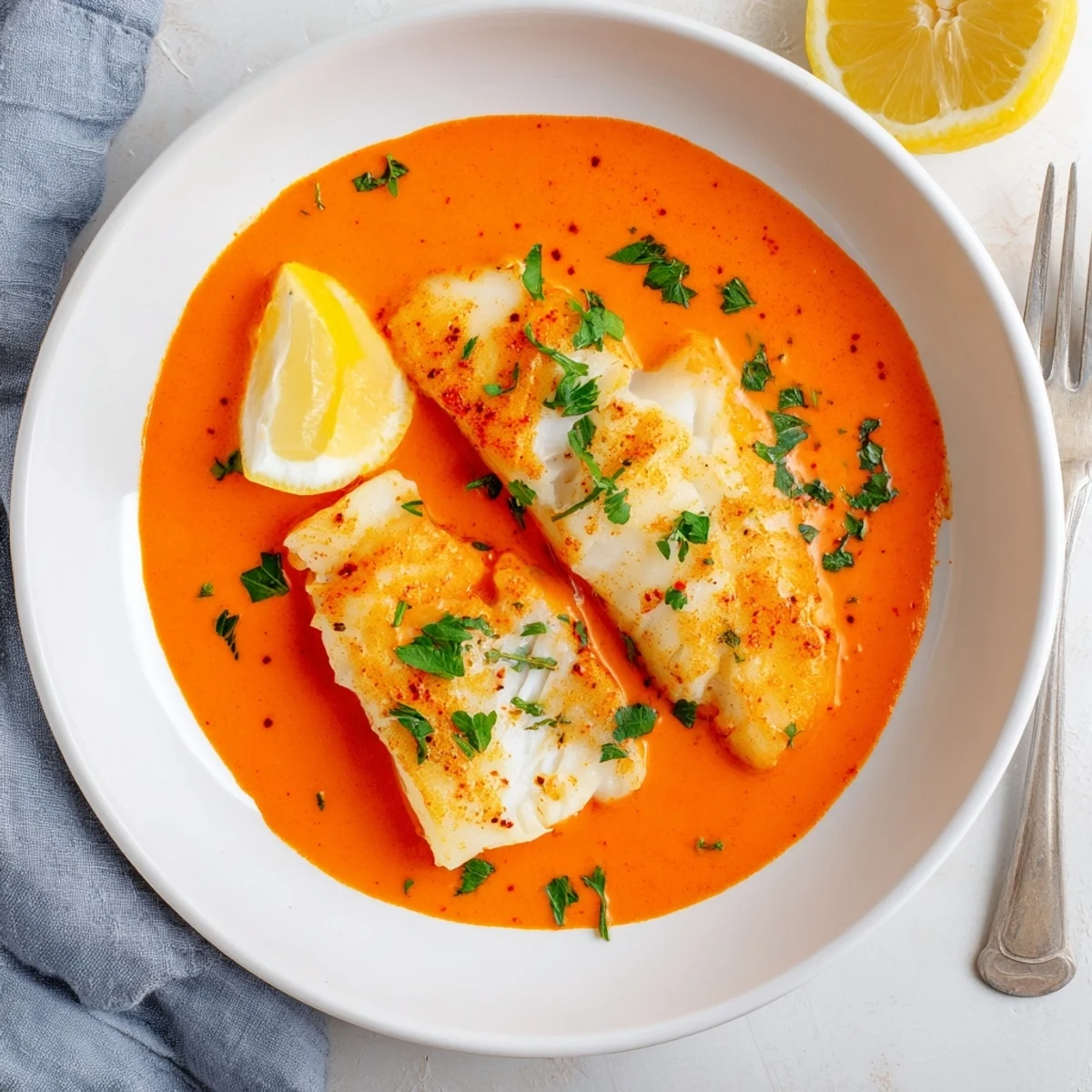 Flaky cod fillets nestled in a vibrant creamy roasted red pepper sauce with fresh parsley garnish