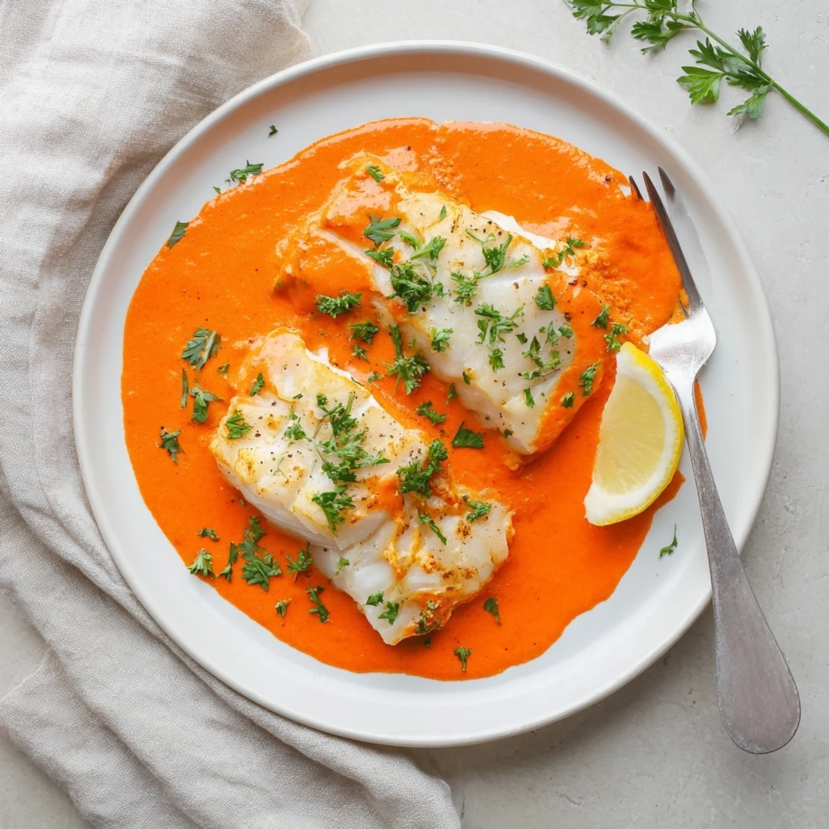 Tender white fish swimming in a rich orange-red pepper cream sauce finished with lemon wedges